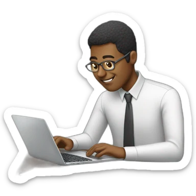 man at desk typing on laptop computer sticker