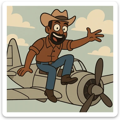 brown male wearing a hat sitting on an aircraft, cartoon style, expressive and fun sticker