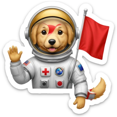 golden retriever in space suit holding red rectangle flag sticker