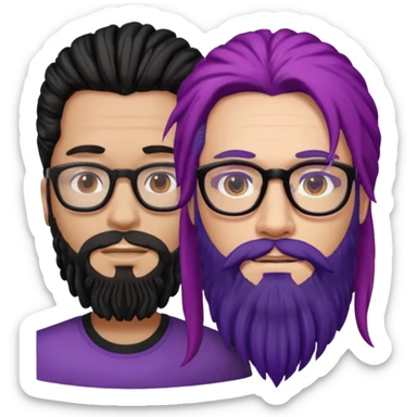 Man with long hair, glasses and Beard, next to man in black dreadlocks with red accent, woman in glasses with violet and black hair in the middle sticker