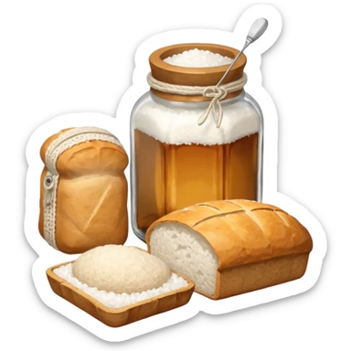 a one victorian bottle of salt and a loaf of bread - a bread bag, crochet needles and a ball of wool sticker