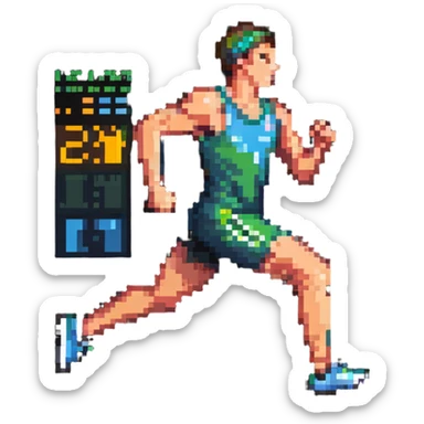 Pixelated athlete running with oxygen level indicator above head, fitness measurement sticker