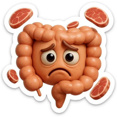 emoji stile iphone in 3d di un intestino triste con fette di carne che gli fluttuano intorno, gli occhi falli con la parte bianca pure, iperrealistico 4k sticker