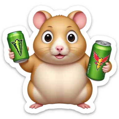 Funny cartoon-style fat hamster with big wide eyes  holding a can of monster energy in one hand and redbull in the other hand sticker
