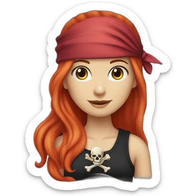 Woman long red platted hair hair only on one side of head, pirate hat. One side of head has no hair. Blue eyes. skull and crossbones t shirt sticker