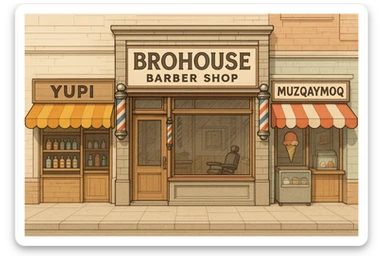 brohouse sartarosh xonasini chizib ber tashqaridan va uning yonida yupi va musqaymoq sotadigan lavkalar bulsin sticker