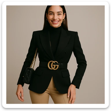 Make the woman smile while keeping her high-fashion look. Maintain thin eyebrows, straight dark hair, big lips, and a shapely figure. Preserve the overall elegance and style of the image. sticker