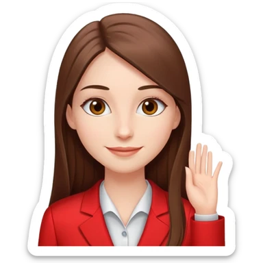 una chica con pelo castaño largo y lacio, pestañas largas, feliz, delgada, con traje clínico rojo sticker