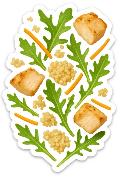EMOJI STILE IPHONE DI Insalata di quinoa e pollo con rucola e carote che cade verticalmente dall'alto, iperrealistica 4k sticker