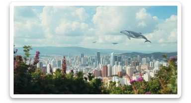 A cinemaatic still of a city, blurred plants in the foreground, giant whales fly above city sky, rolling hills in the background, cinematic depth of field, layered composition, colorfull, blue sky sticker
