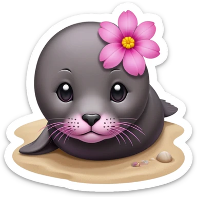 Seal on the beach with the pink flower on the head sticker