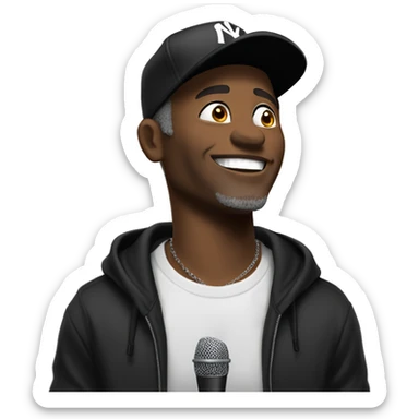 Middle-Aged Black Male In a black hoodie and NY cap, he holds the mic close, gazing upwards with a bright smile. His casual style and confident look capture the spirit of urban music. sticker