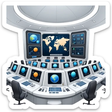 space mission command center with large screens showing spacecraft and planetary data sticker