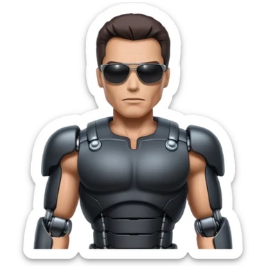 Schwarzenegger-like Terminator, upper body only, wearing his iconic clothes in black (all clothes must be black), looking human but with robotic details, and wearing dark sunglasses, hair must be dark
 sticker
