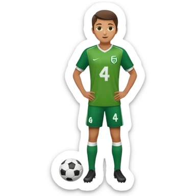 Apple iOS style 20-23 year old soccer player standing full body, green jersey #4, glossy finish sticker