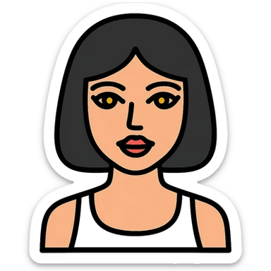 A pretty girl with black straight bob hair. She has hazel eyes with black eyeliner. She has plump red lips. She is wearing a white tank top sticker