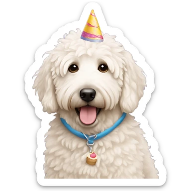 white golden doodle carrying a birthday cake  sticker
