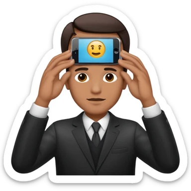 a guy holding 1 smartphone with both hands, smarphone should be horizontal, on top of his forehead sticker