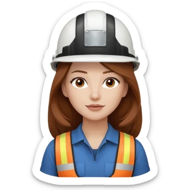 Waist-up girl wearing a white construction helmet. She has on a dark brown t-shirt. Her hair is very long and chestnut-colored. She has brown eyes with light makeup, rosy cheeks, and glossy lips. sticker
