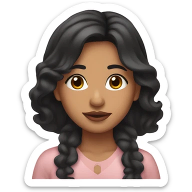 A South Asian girl with skin, black wavy hair between her chin and shoulder and pale pink lips sticker