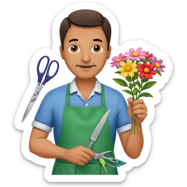Middle-aged male florist – apron on, trimming stems with scissors sticker