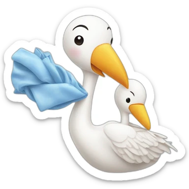 stork delivering a white human baby boy in fabric held in its beak you can see the baby head from the fabric with a smile sticker