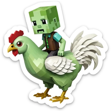 small square-shaped Minecraft zombie riding a small white chicken sticker