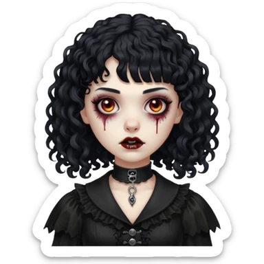 Faça uma mulher zumbi com o cabelo cacheado médio, e uma franja cacheada, cabelo preto e deixe ela meio gótica. sticker