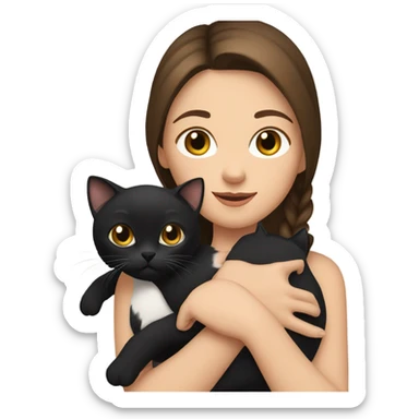 Brunette white girl holding a calico cat and a black cat sticker