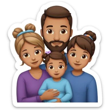 brown family of 5. mom has bun. dad has beard. teenage daughter. toddler son. and baby sticker