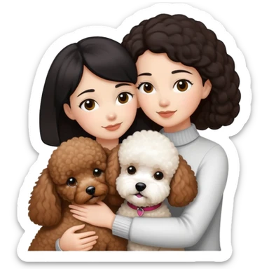 Woman with short black straight hair hugging a brown poodle and a white bichon frise sticker
