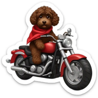 A chocolate brown doodle with wavy fur wearing a red and black handkerchief riding a motorcycle sticker
