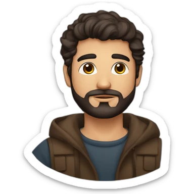 hombre moreno oscuro, fornido, de cabello corto canoso, ojos marrones, cejas pobladas gruesas, barba canosa con sueter sticker