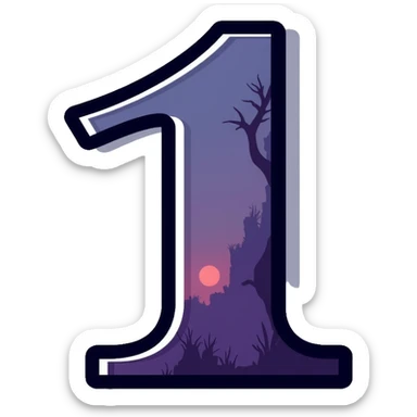 Number 1 in serif italic font with misty, haunting twilight colors sticker
