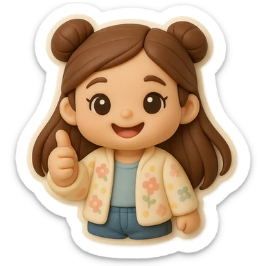 3D chibi fondant cake art style, high-quality rendering with smooth shadows and soft gradients. Girl based on reference image (preserve facial features), long brown hair in two space buns, brown eyes, jeans, pastel floral cardigan, thick white outline like a sticker, transparent background. Thumbs up, happy expression. Make sure her appearance matches previous stickers. sticker