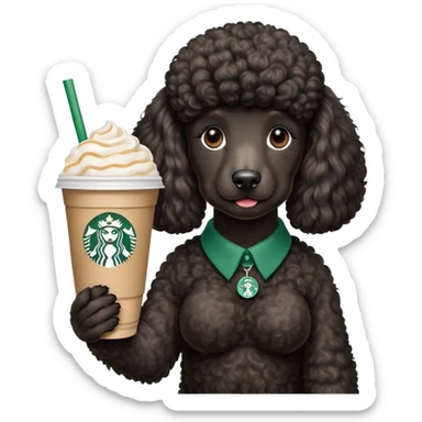 Black standard poodle holding a Starbucks drink sticker