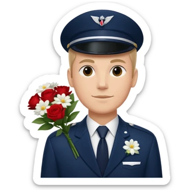 Homme avec bouquet fleurs blanches, avec uniforme bleu foncé cravate rouge comme Air France  sticker
