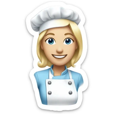 a blonde female chef with a pretty face, smiling, who looks tender but whose uniform contains white and pastel blue tones sticker