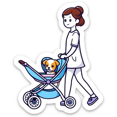 girl walking a dog in a stroller with bold lines sticker