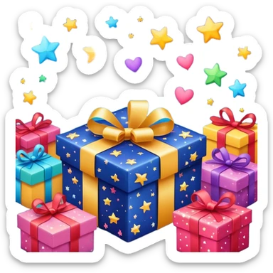 cute gift box with sparkling stars and hearts, smiling wrapping paper, vibrant colors, joyful and romantic mood sticker