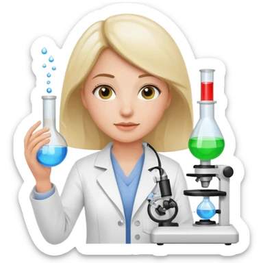 female researcher in a white jacket, displaying lab equipment, innovative tech sticker