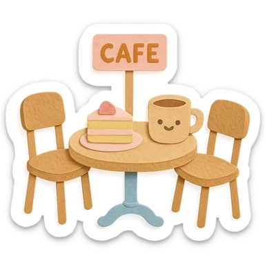 kawaii coffee shop table and chairs set with cake and coffee, soft pastel hand-drawn illustration sticker