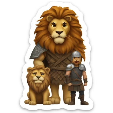 Lion standing on  a man dressed as a Viking  sticker