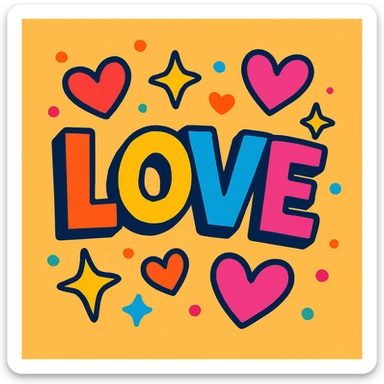 the word 'love' in a playful, colorful cartoon style, with hearts and sparkles sticker