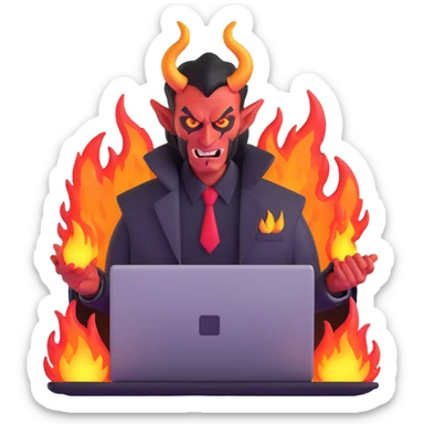 sinister demon salesman with laptop and fire effects sticker