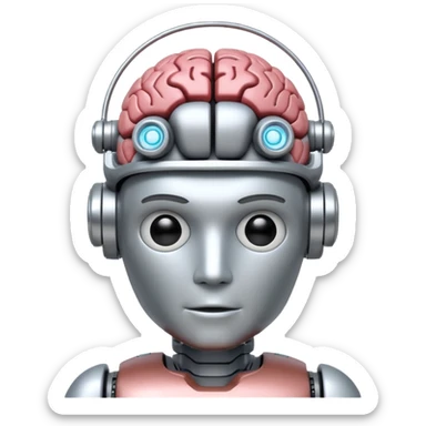 A fit male robot with a huge brain sticker