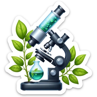 An icon featuring a microscope, a DNA strand, and plant leaves, symbolizing biology. The design includes cells, a test tube with a plant sample, representing life sciences, ecosystems, and the study of organisms. Transparent background highlights the exploration of living systems. sticker