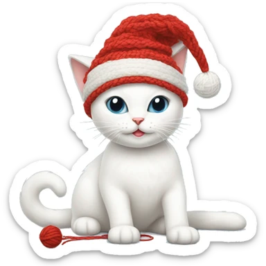 white cat wearing a christmas hat playing with a ball of red yarn sticker