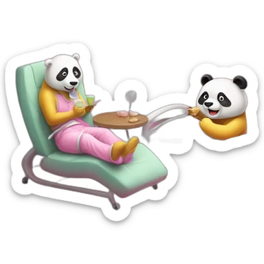 a yellow chinese panda eating icecream in a pink dirty bedroom with a person on a white chair and medical equipment sticker