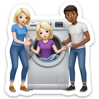 Eine Frau mit dem in der Waschmaschine feststeckt und zwei Männer die hinten an ihr ziehen um ihr zu helfen  sticker